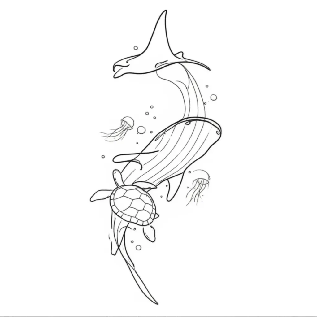 Fine Line Whale Shark, Manta Ray & Sea Turtle Spine Tattoo Fine Line Whale Shark, Manta Ray & Sea Turtle Spine Tattoo