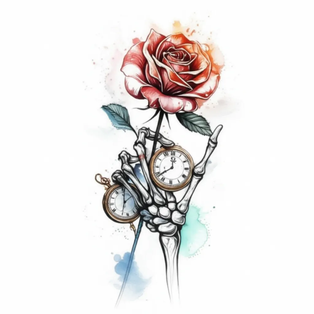 Watercolor Skeleton Hand Holding Rose and Clocks Tattoo Design