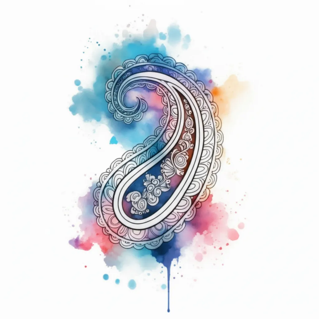 Watercolor Paisley Thigh Tattoo with Cloud Background