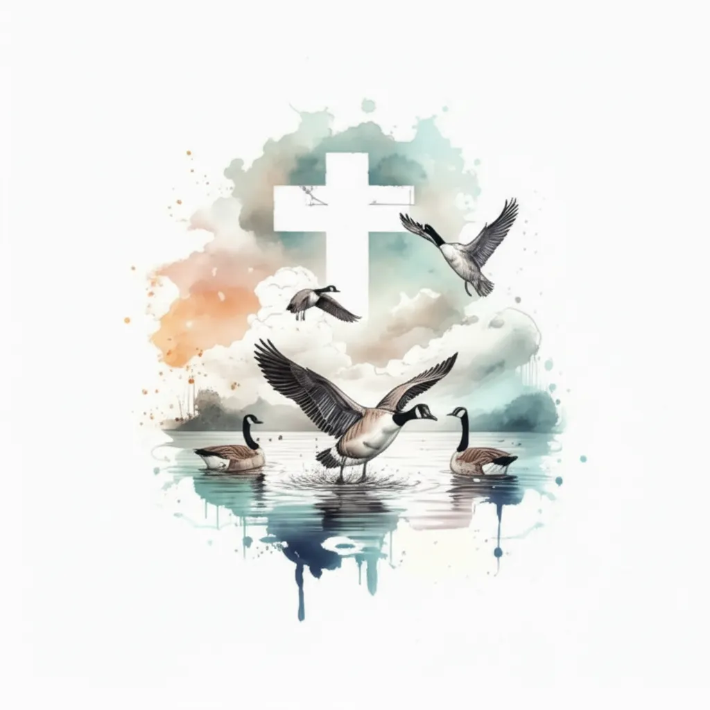 Watercolor Geese and Cross Tattoo Design