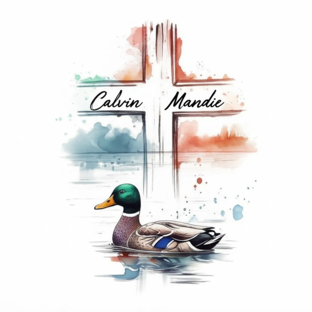 Watercolor Duck Hunting Tattoo with Cross and Names