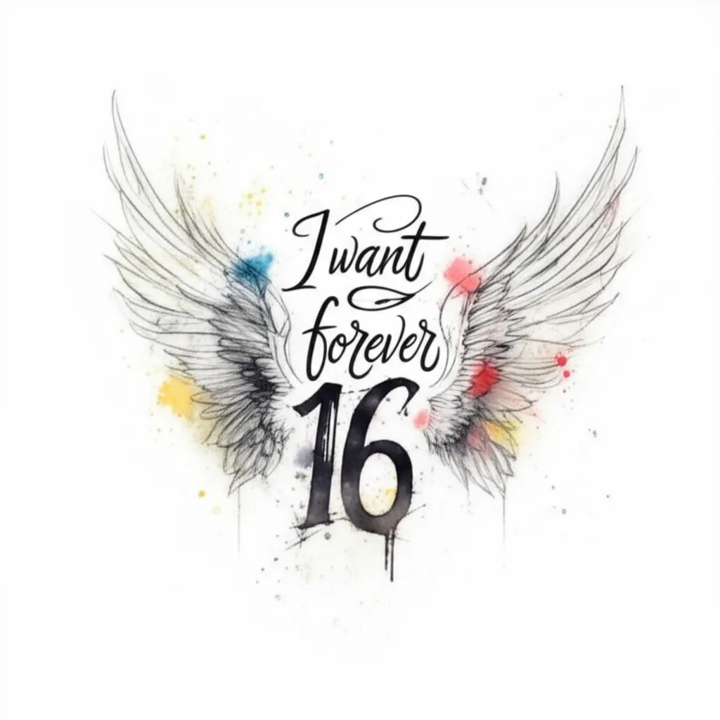 Forever 16 Watercolor Tattoo Design with Wings