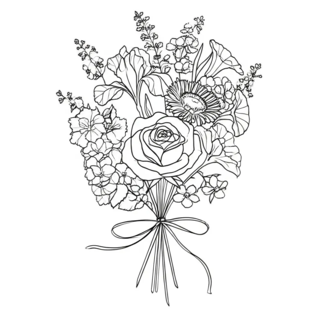 Fine Line Flower Bouquet Tattoo: Rose, Iris, Aster, and More