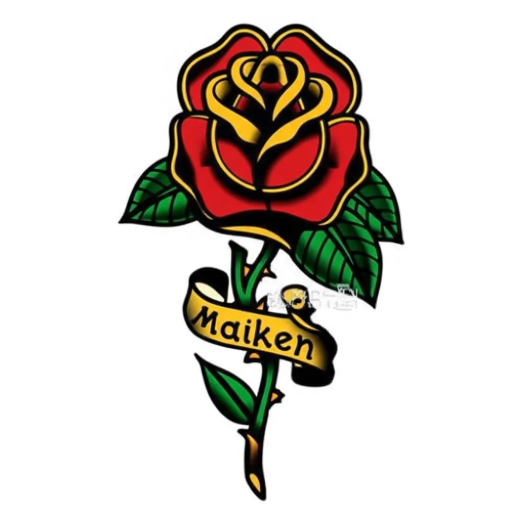 Old School Rose Tattoo with Name Maiken - Meaning & Designs