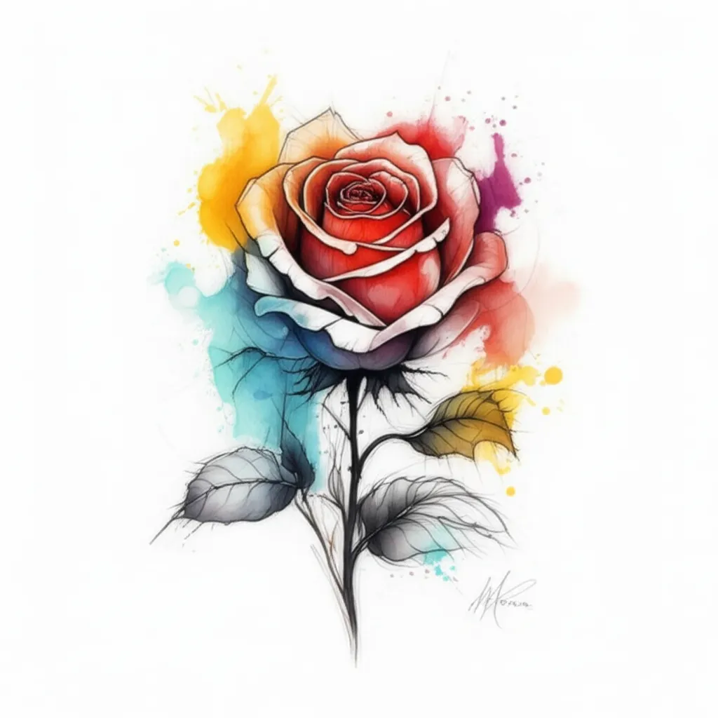 Watercolor Rose Tattoo with Hidden Name 'MeNa' in Stem