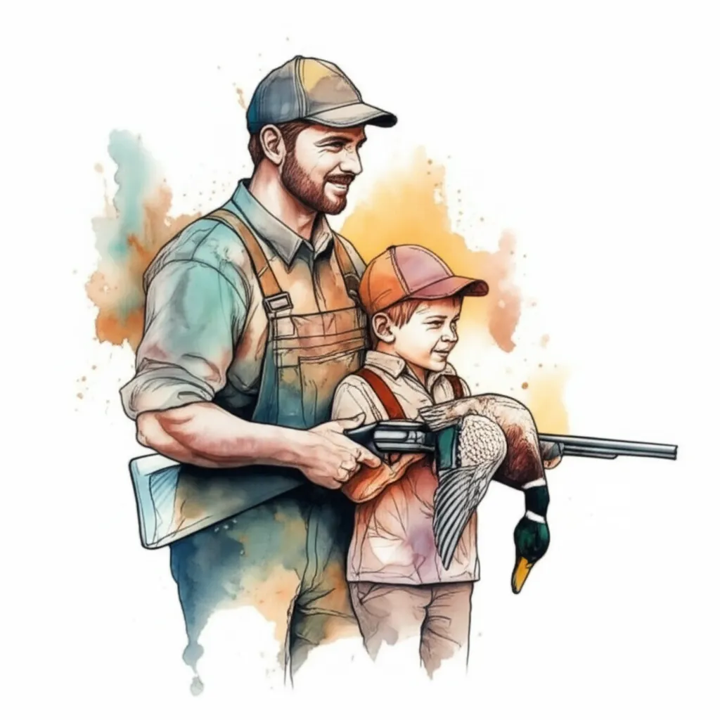 Father and Son Duck Hunting Watercolor Tattoo Design