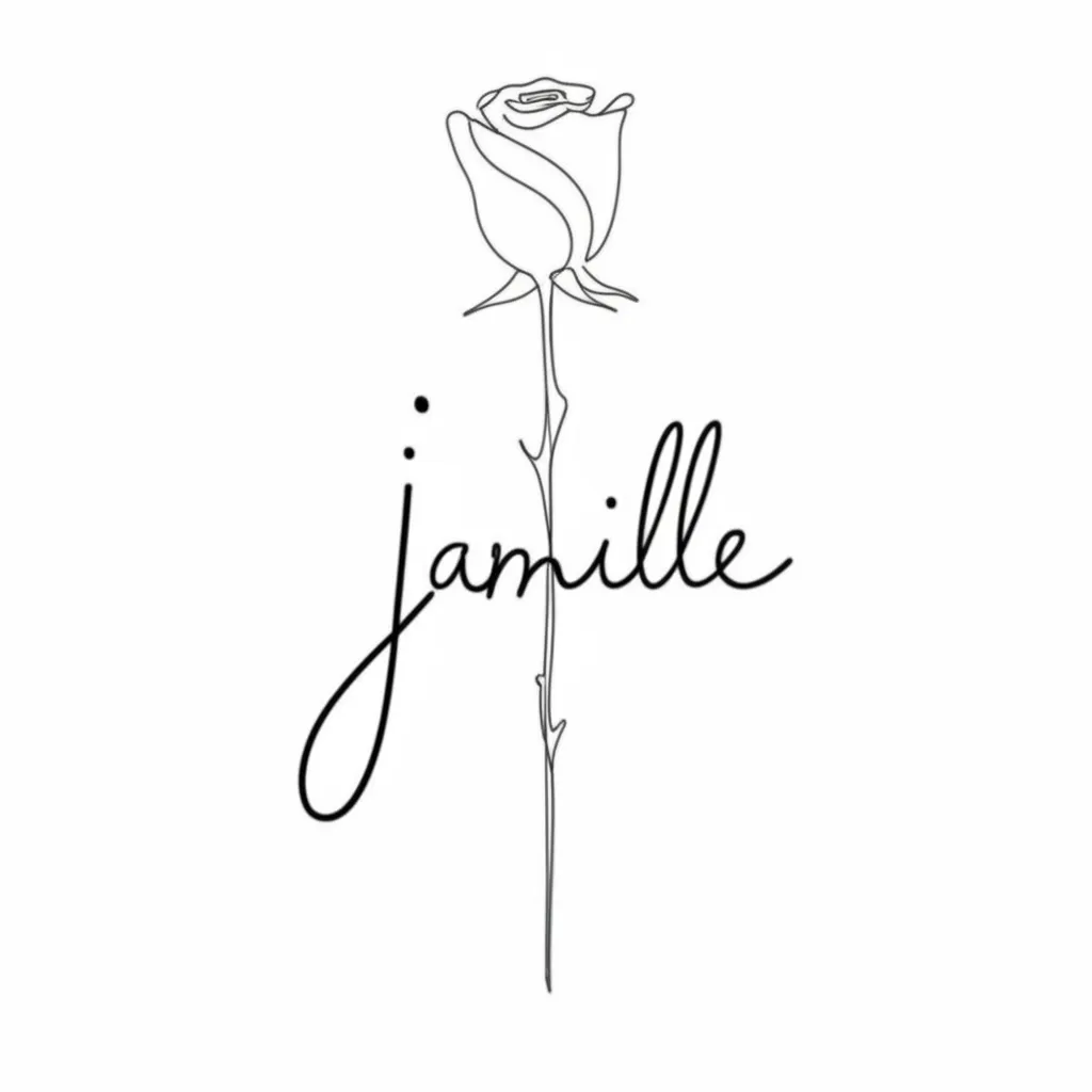 Minimalist Rose Tattoo with Name Jamille - Unique Design