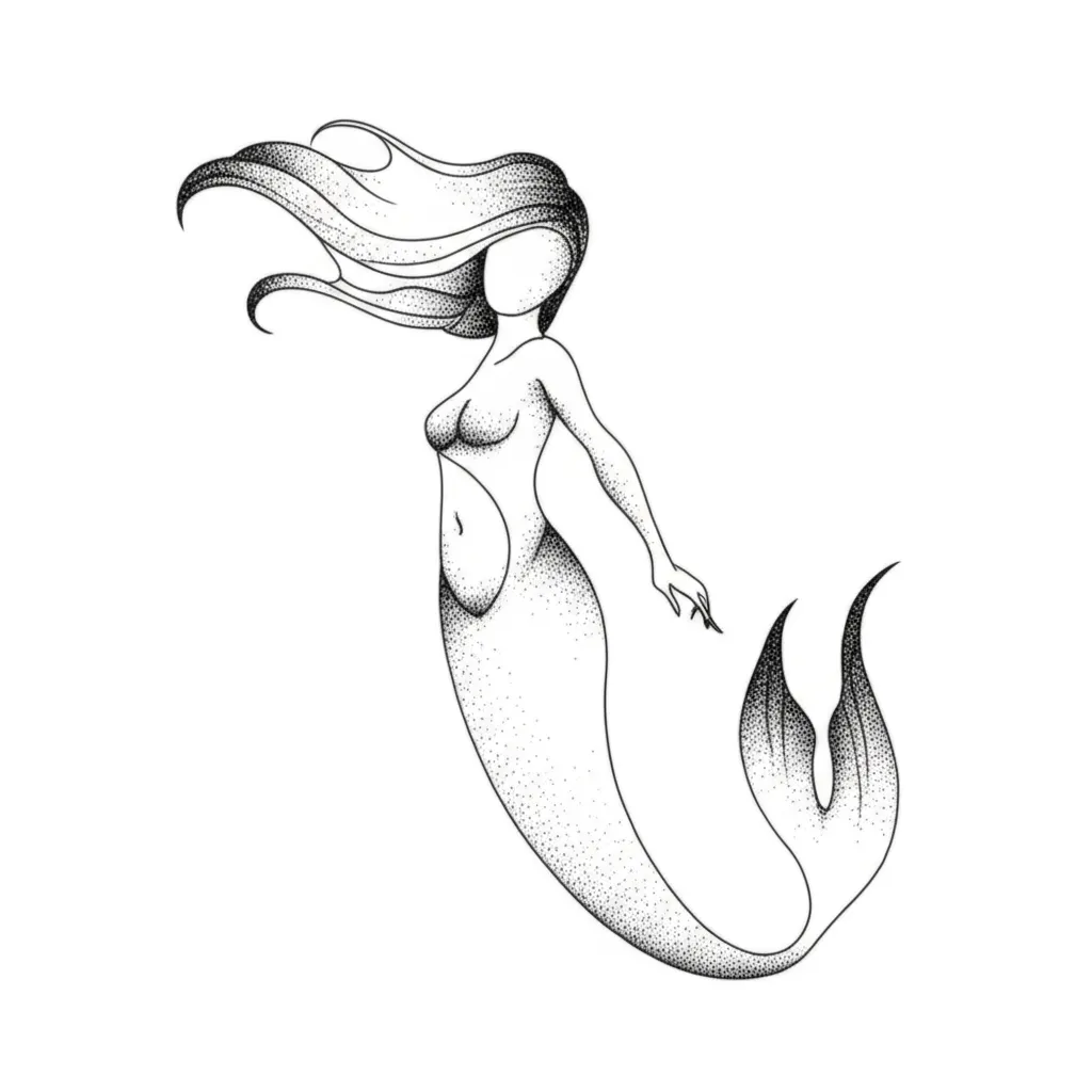 Minimalist Blackwork Mermaid Tattoo Design with Dotwork