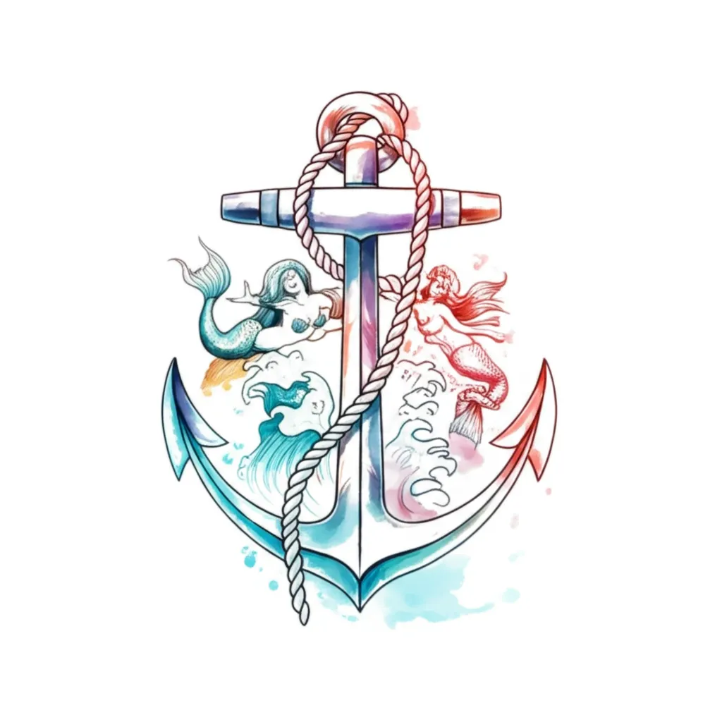 Watercolor Ship Anchor Tattoo with Mermaids and Waves