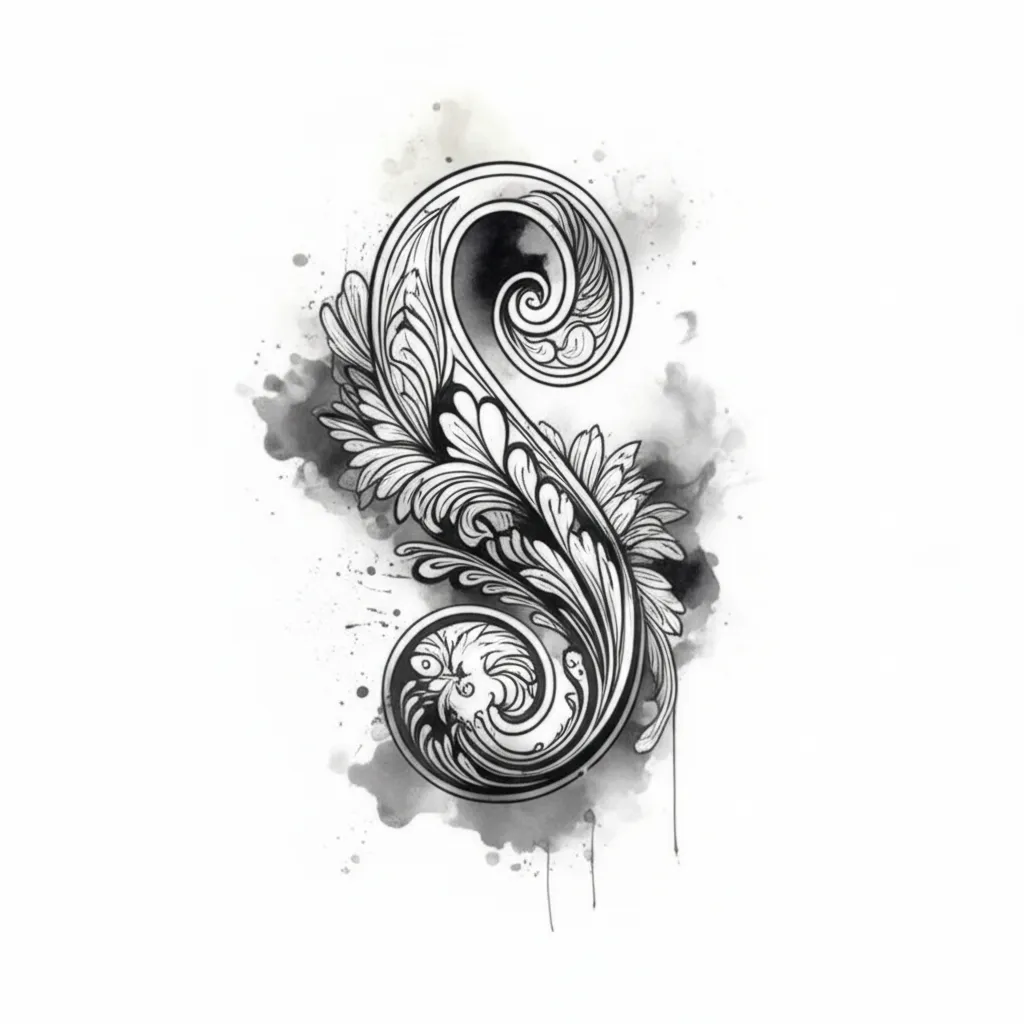 Paisley & Clouds Thigh Tattoo: Black and White Watercolor Design
