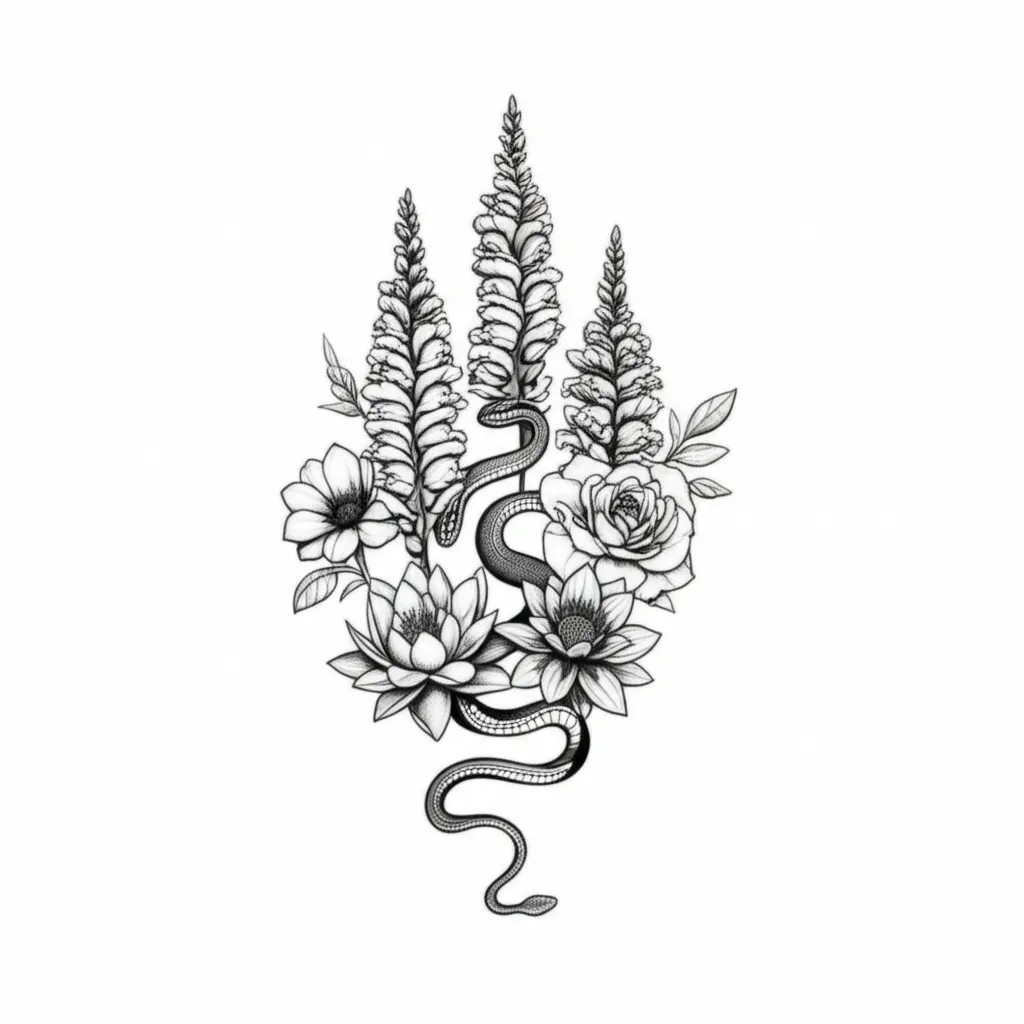 Fine Line Snake and Floral Tattoo Design: Snapdragon, Water Lily, Grazania, and Rose Fine Line Snake and Floral Tattoo Design: Snapdragon, Water Lily, Grazania, and Rose