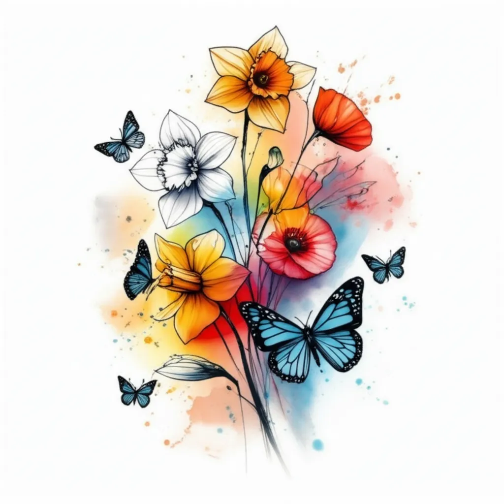 Watercolor Forearm Tattoo with Daffodils, Poppies, Morning Glories & Butterflies Watercolor Forearm Tattoo with Daffodils, Poppies, Morning Glories & Butterflies