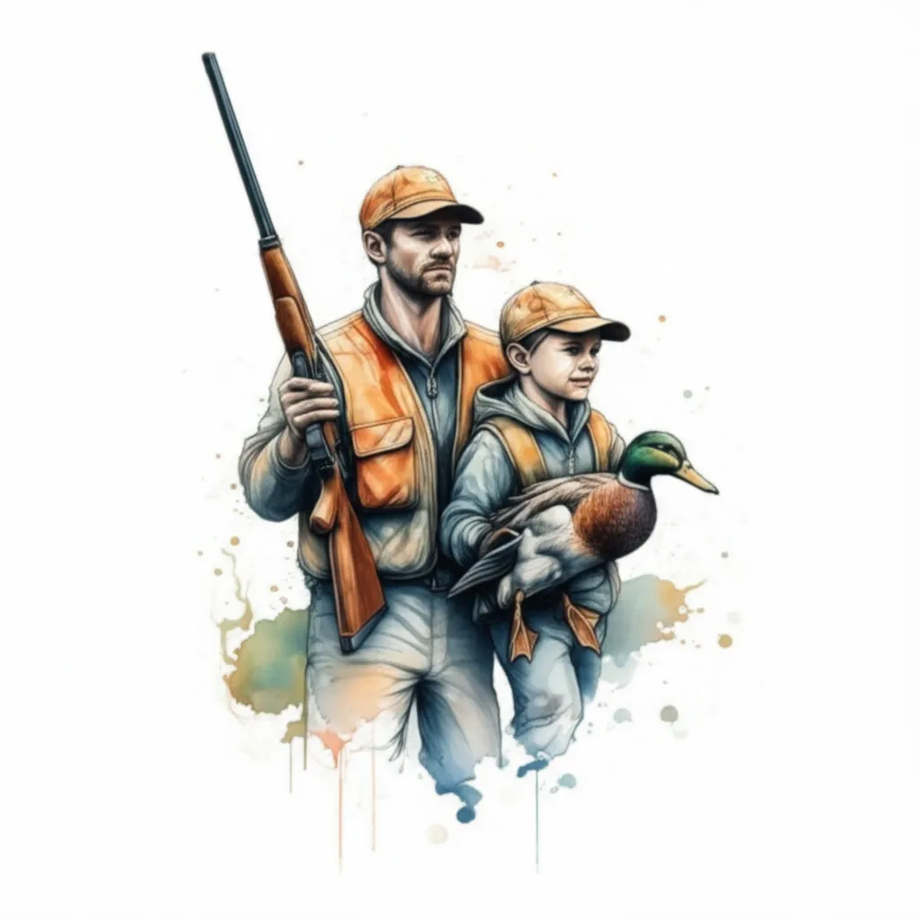 Father and Son Duck Hunting Watercolor Tattoo Design