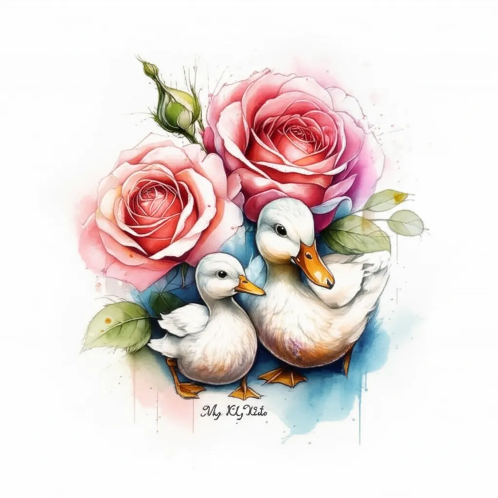 Watercolor Roses and Ducks Tattoo with Kids' Names