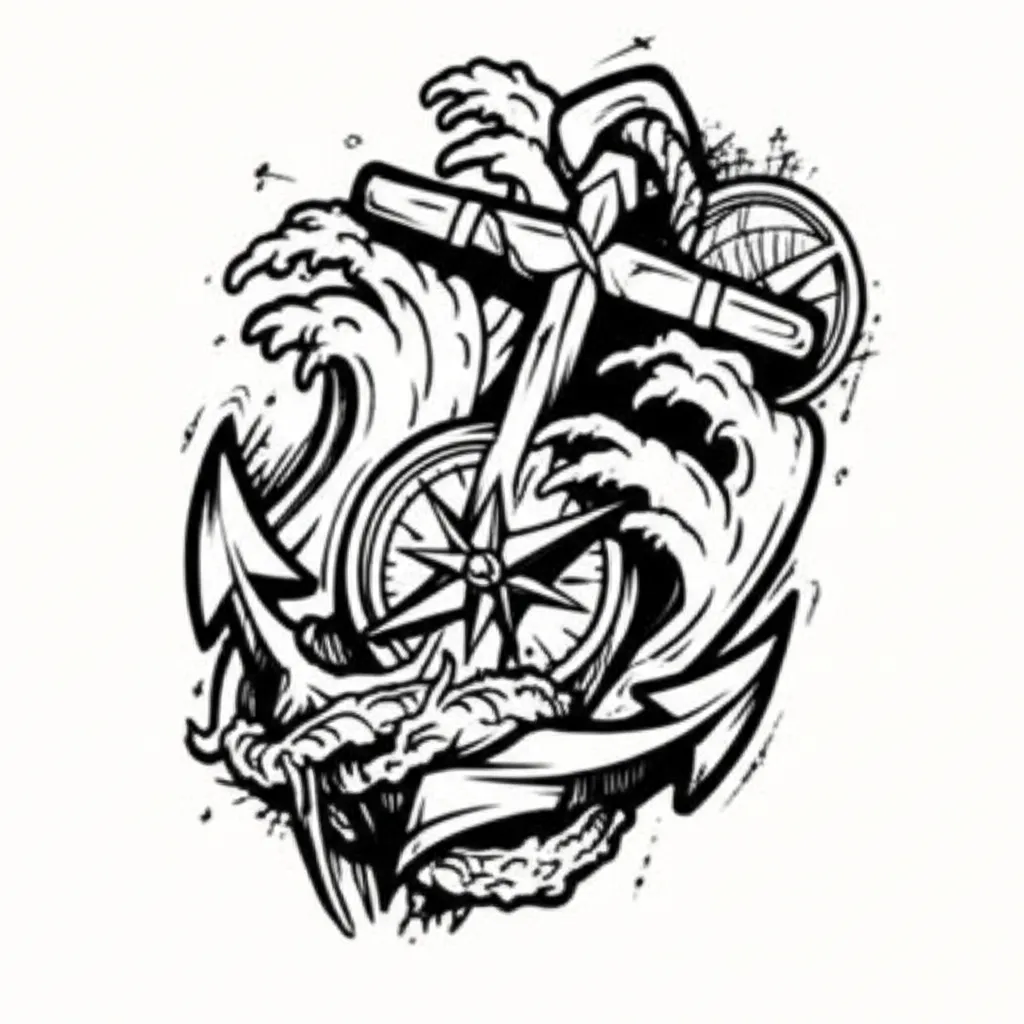 Graffiti Style Anchor, Compass, Waves, and Clouds Forearm Tattoo Graffiti Style Anchor, Compass, Waves, and Clouds Forearm Tattoo