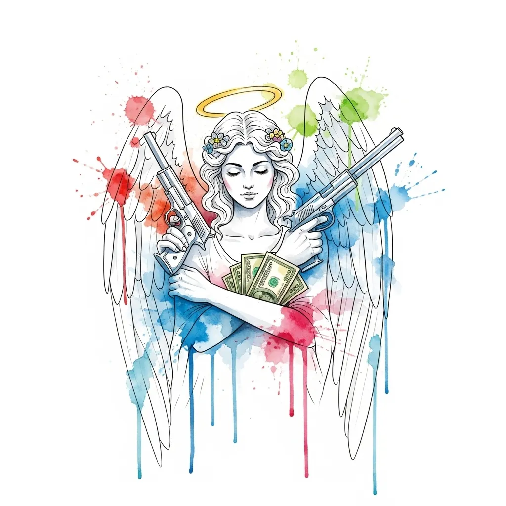 Watercolor Angel Tattoo with Guns and Money Design Watercolor Angel Tattoo with Guns and Money Design