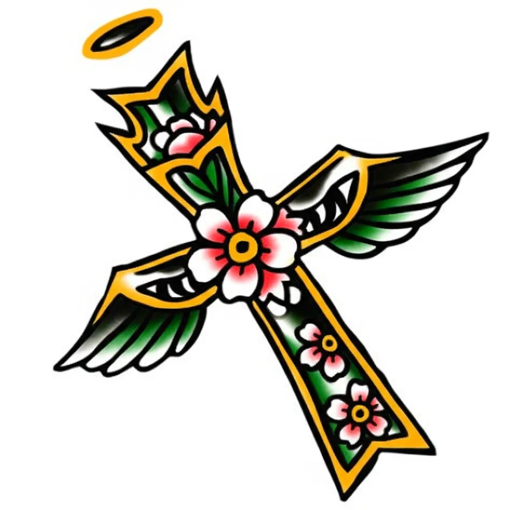 American Traditional Cross Tattoo with Cherry Blossoms and Angel Wings