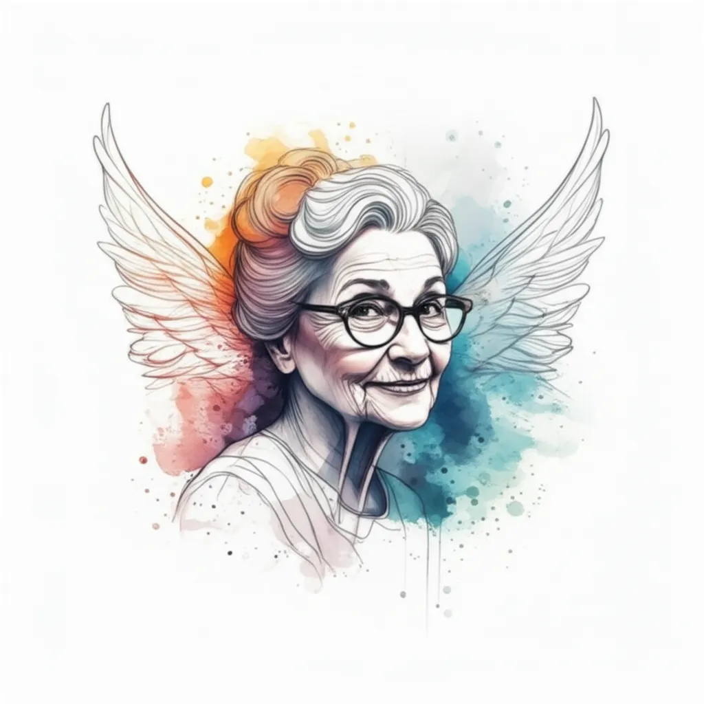 Watercolor Grandma with Wings Tattoo Design