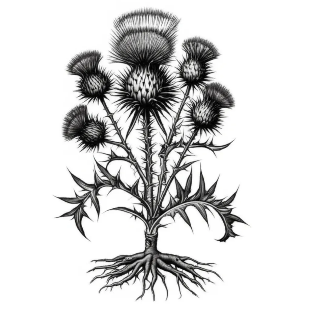 Illustrative Thistle Tattoo Design with Roots and Flowers