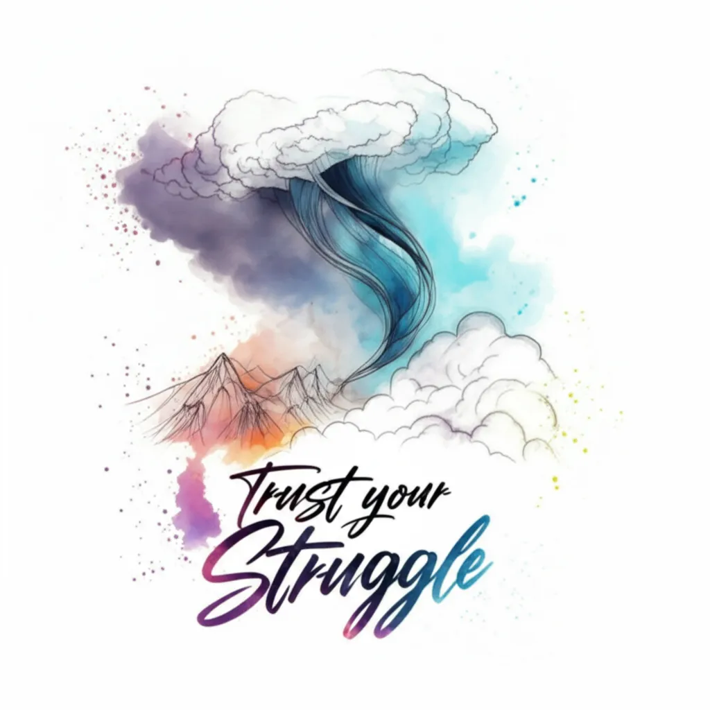 Watercolor 'Trust Your Struggle' Tattoo Design with Storm and Mountains