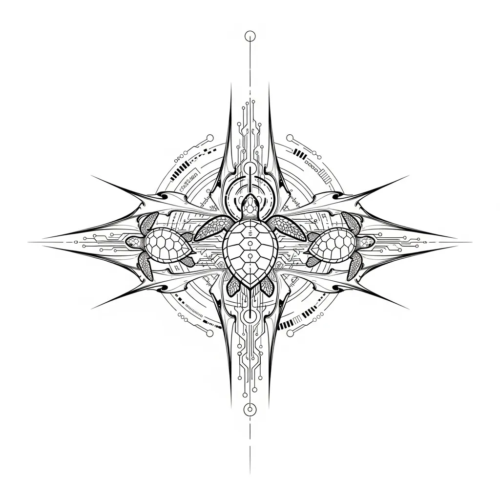 Cyber Sigilism Three Sea Turtles Tattoo Design