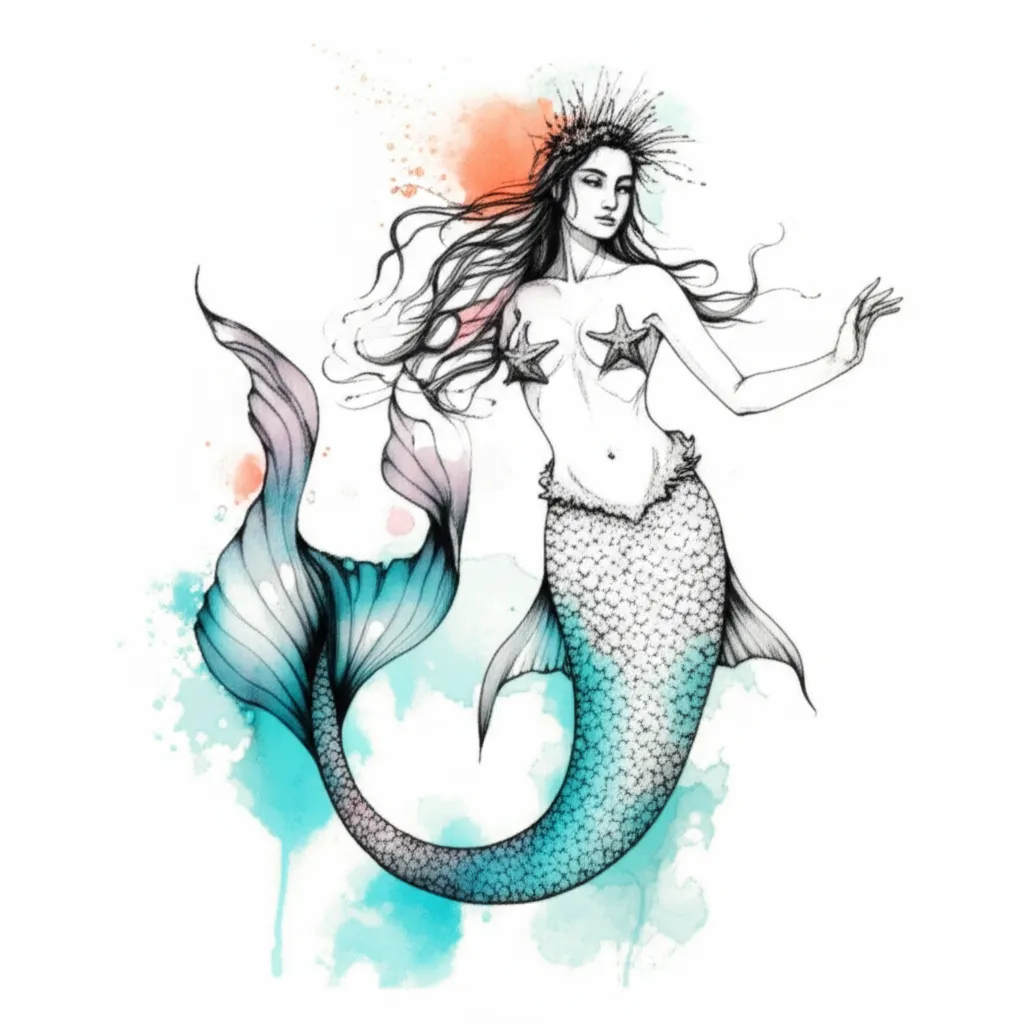 Blackwork Mermaid Tattoo with Starfish Bra & Dotwork Tail