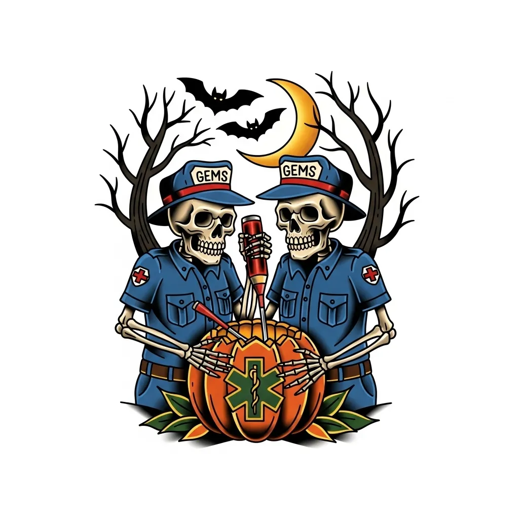 American Traditional Paramedic Skeletons Carving Pumpkin Tattoo American Traditional Paramedic Skeletons Carving Pumpkin Tattoo