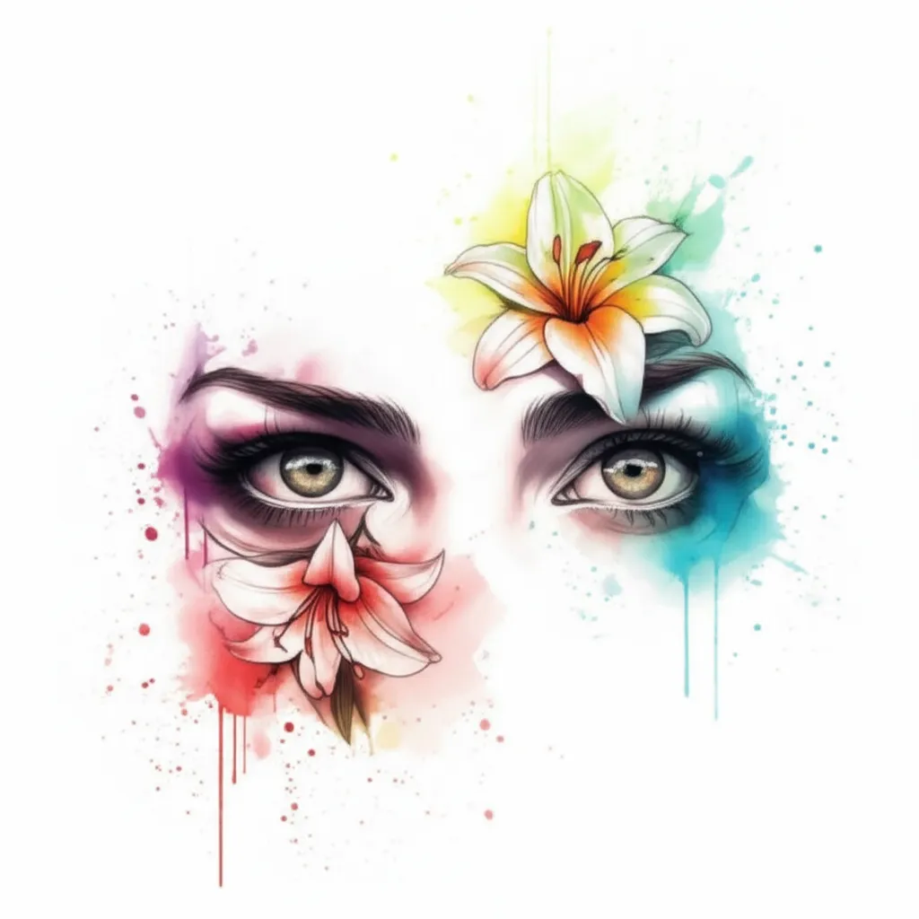 Watercolor Eyes and Lily Flowers Tattoo Design for Forearm