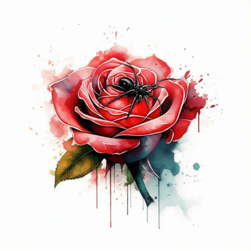 Black Widow Spider on Red Rose Watercolor Tattoo Design