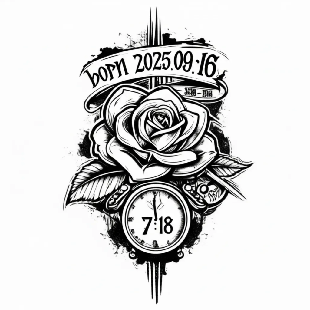 Rose and Clock Tattoo Design for Son's Birth - Graffiti Style Rose and Clock Tattoo Design for Son's Birth - Graffiti Style