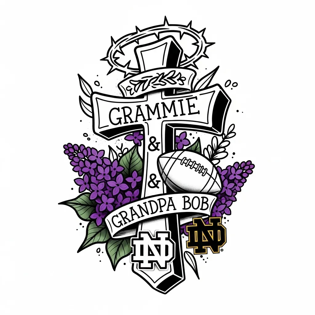 Grammie & Grandpa Bob Memorial Cross Tattoo with Lilacs and Notre Dame Logo Grammie & Grandpa Bob Memorial Cross Tattoo with Lilacs and Notre Dame Logo
