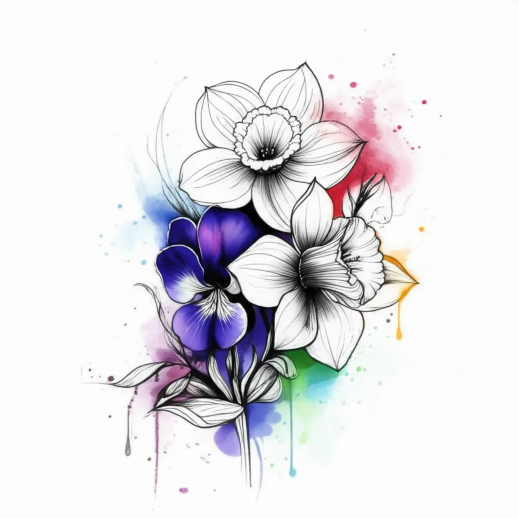 Watercolor Daisy Daffodil Violet and Sweet Pea Tattoo Design Watercolor Daisy Daffodil Violet and Sweet Pea Tattoo Design