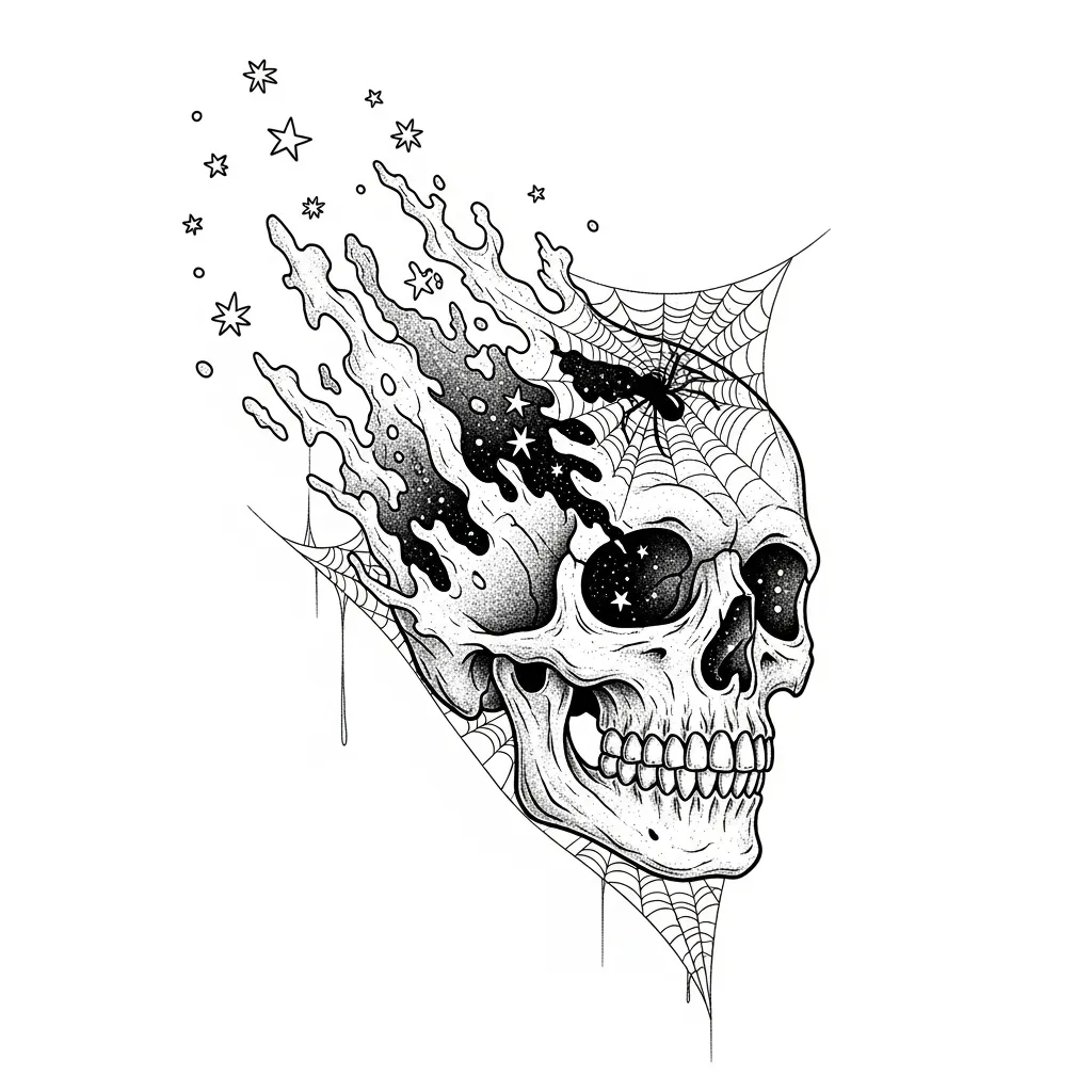 Melting Skull Tattoo with Stars and Spiderweb - Gothic Style Melting Skull Tattoo with Stars and Spiderweb - Gothic Style
