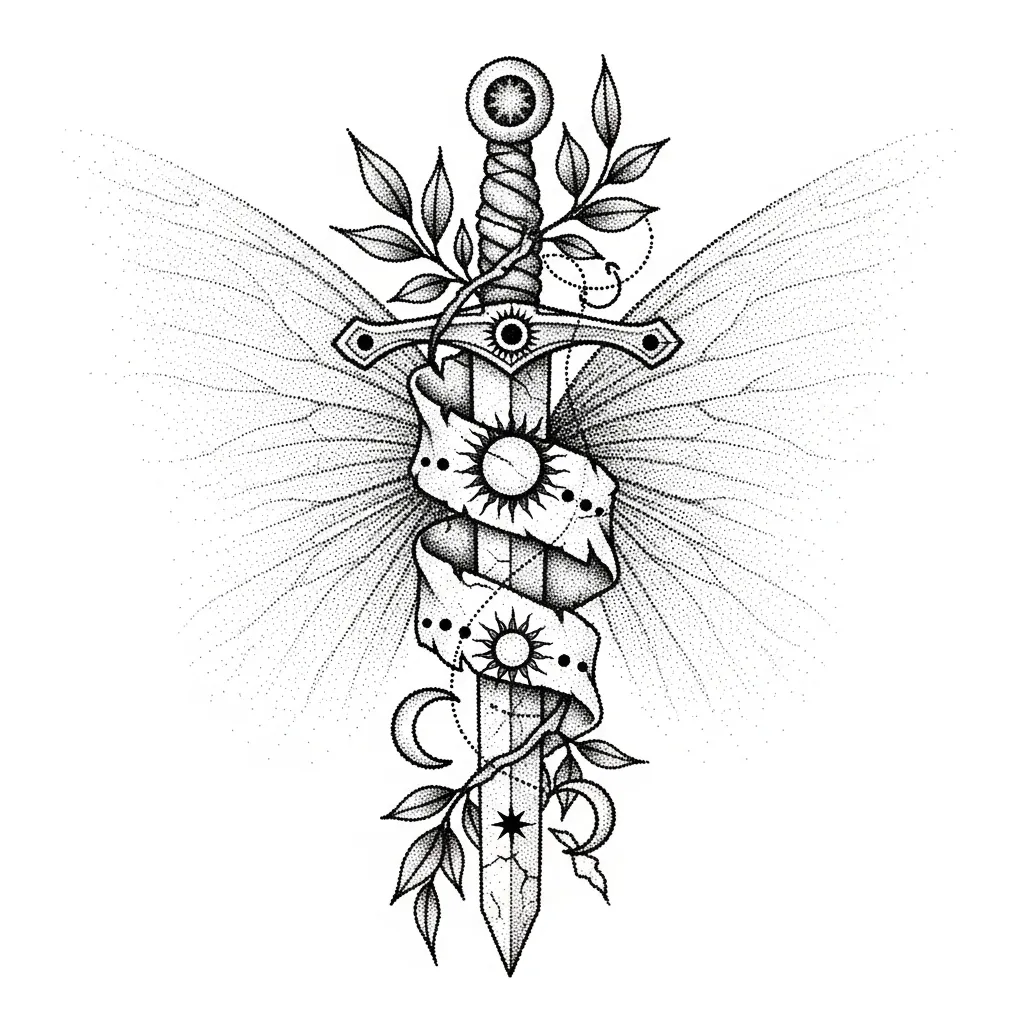 Dotwork Sword Tattoo with Sun, Moon, and Fairy Wings