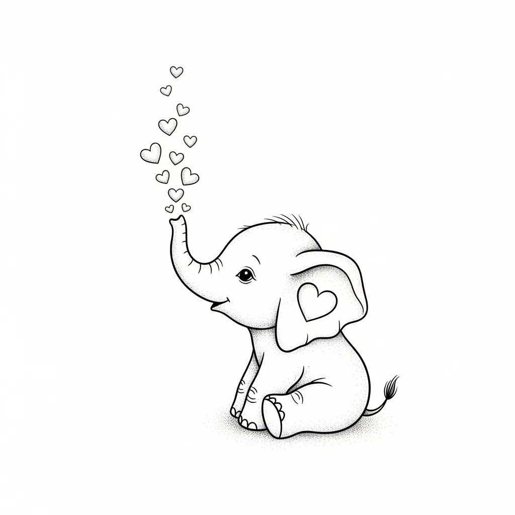 Cute Baby Elephant Fine Line Tattoo with Hearts Cute Baby Elephant Fine Line Tattoo with Hearts