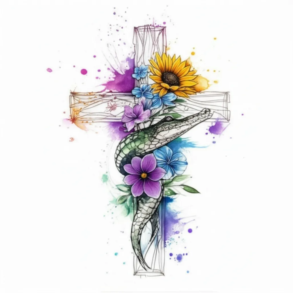 Watercolor Cross with Alligator and Flowers Tattoo Design Watercolor Cross with Alligator and Flowers Tattoo Design