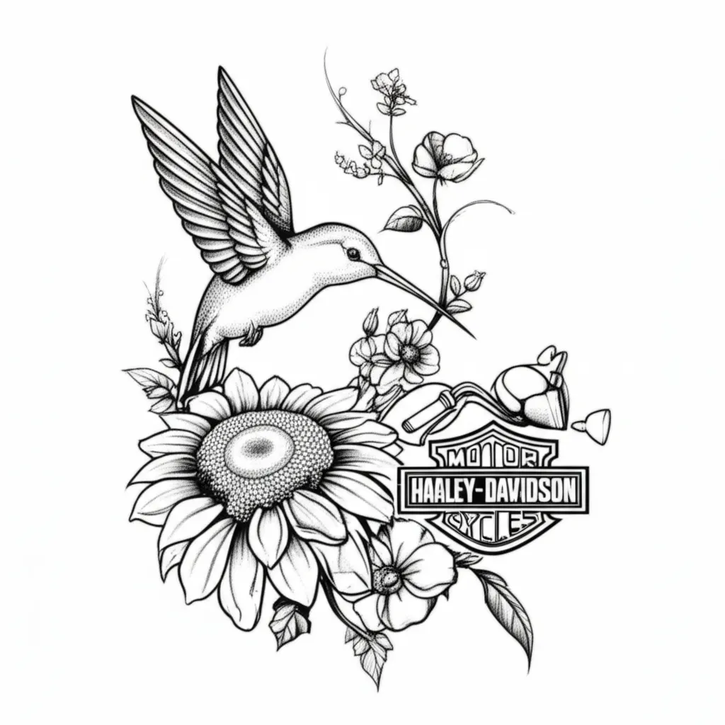 Hummingbird, Sunflower, and Harley Davidson Fine Line Tattoo Hummingbird, Sunflower, and Harley Davidson Fine Line Tattoo