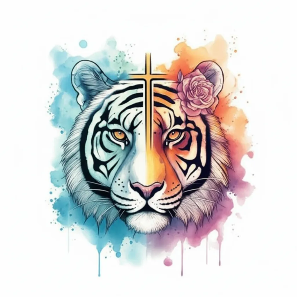 Watercolor Tiger Face with Roses and Cross Tattoo Design Watercolor Tiger Face with Roses and Cross Tattoo Design