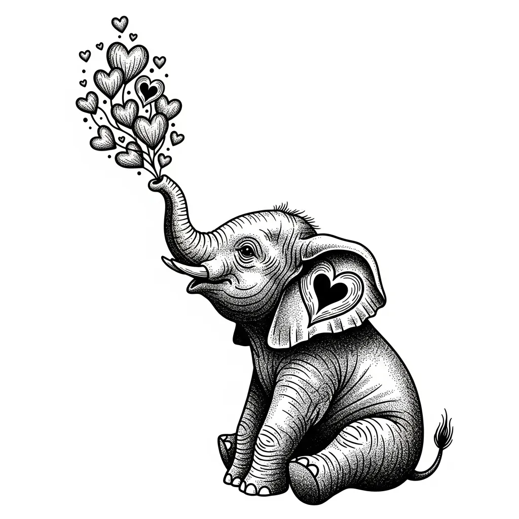 Baby Elephant Tattoo with Hearts - Gothic Style Tattoo Design Baby Elephant Tattoo with Hearts - Gothic Style Tattoo Design