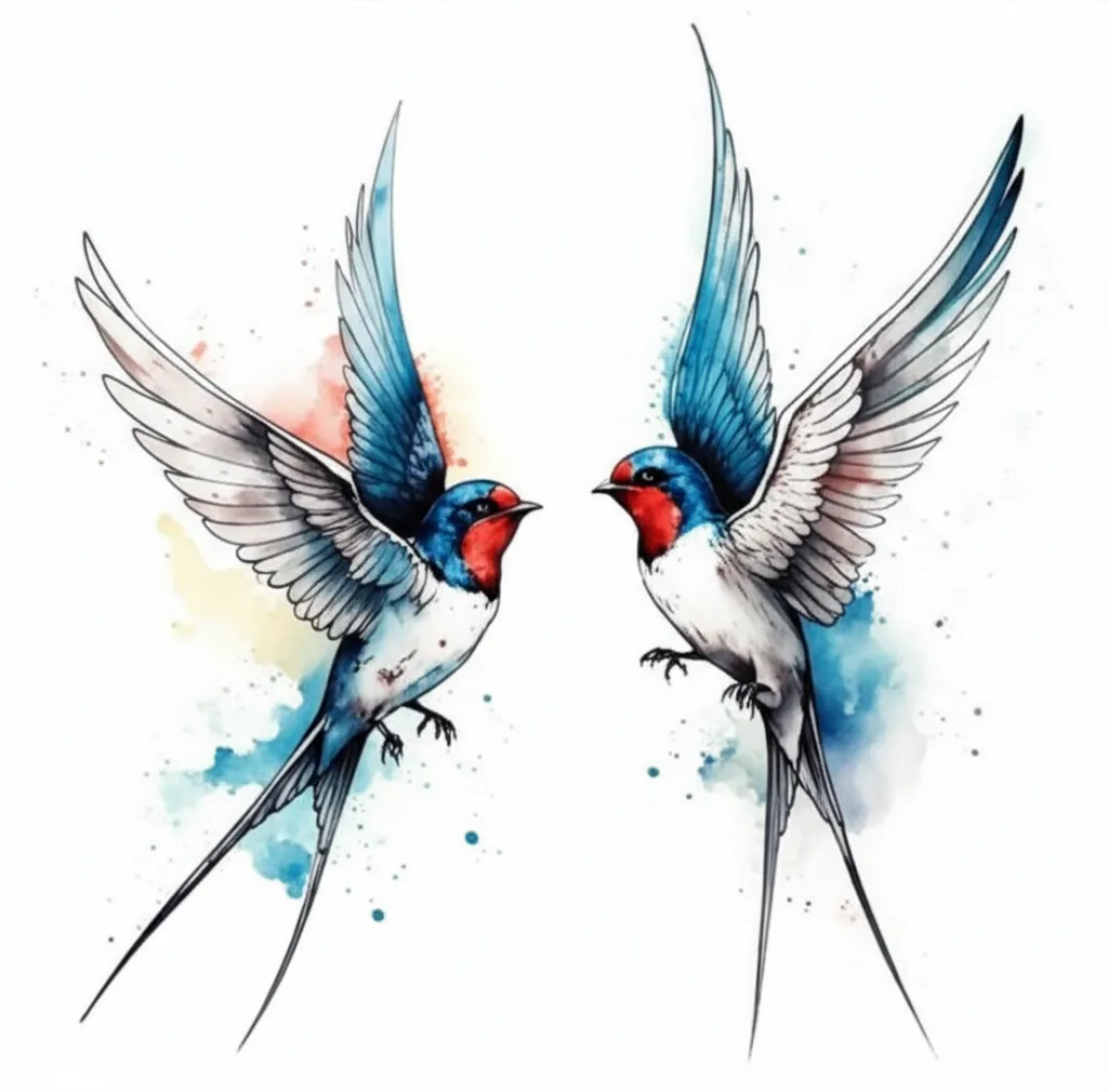 Watercolor Two Swallows Tattoo with Wings Spread