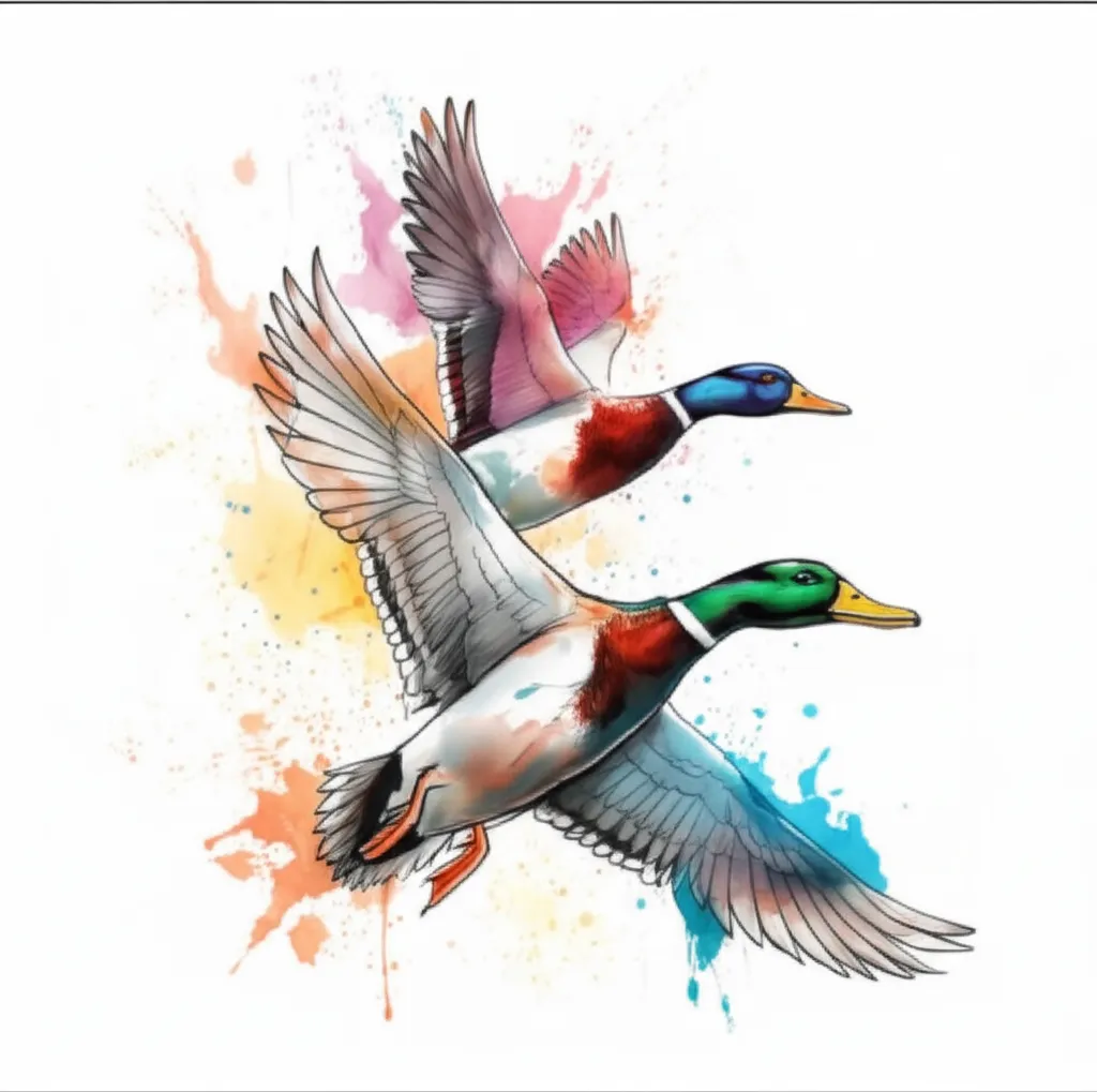 Watercolor Flying Mallard Ducks Rib Cage Tattoo Design