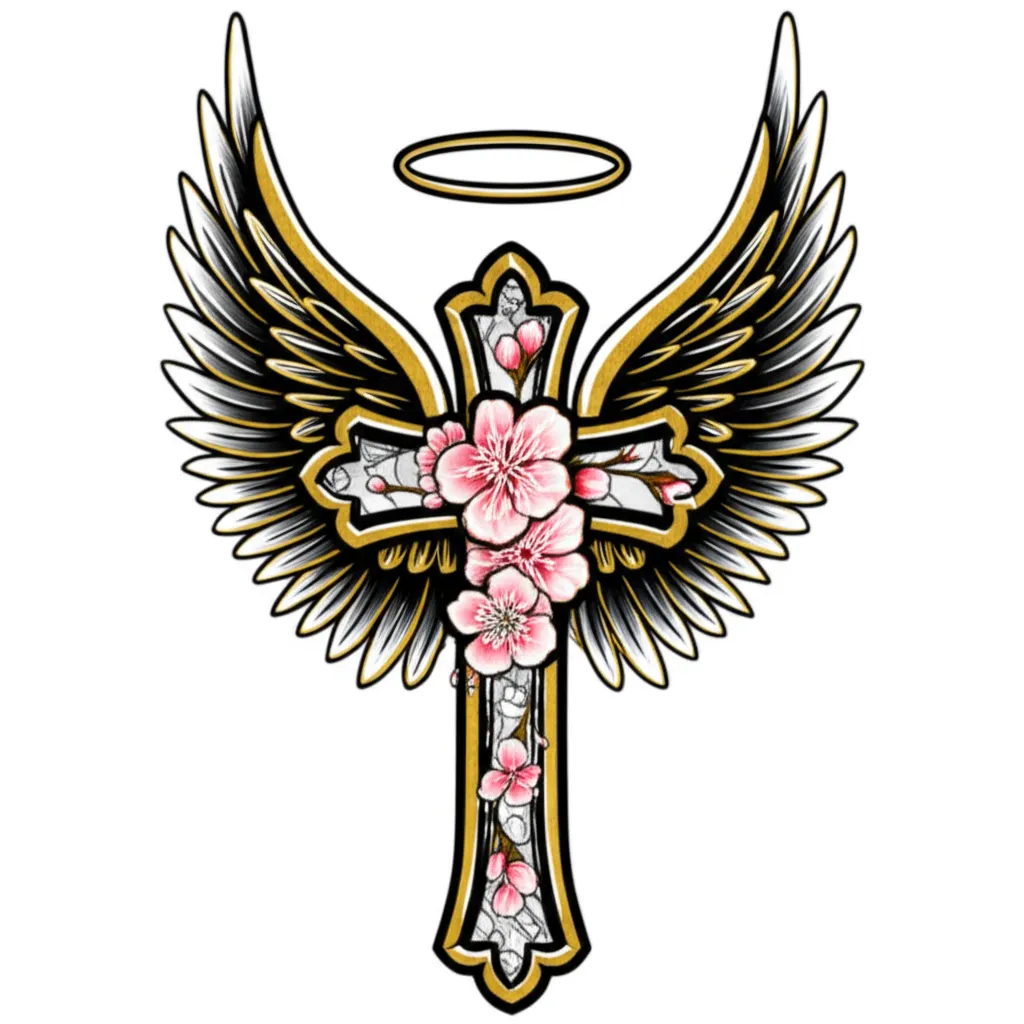 Neo-Traditional Cross Tattoo with Cherry Blossoms and Angel Wings Neo-Traditional Cross Tattoo with Cherry Blossoms and Angel Wings