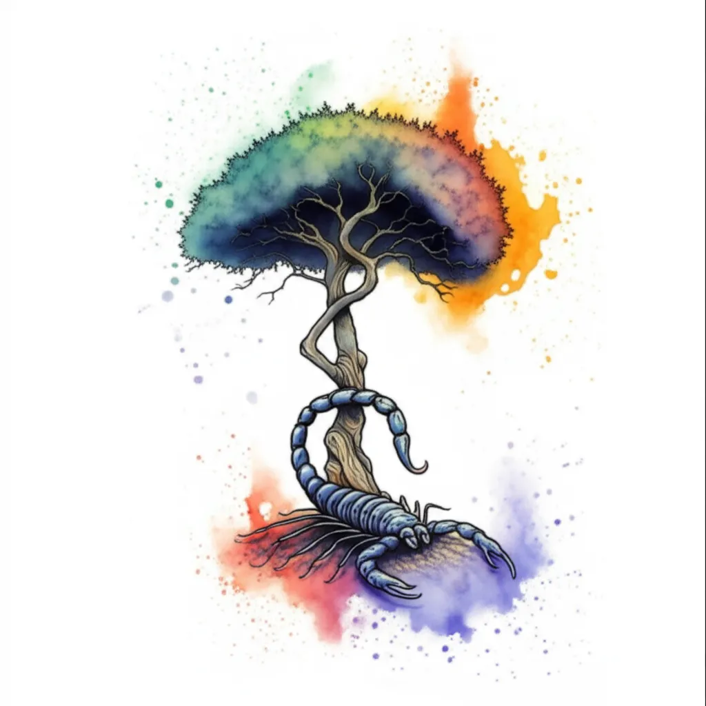 Watercolor Poison Tree and Scorpion Tattoo Design