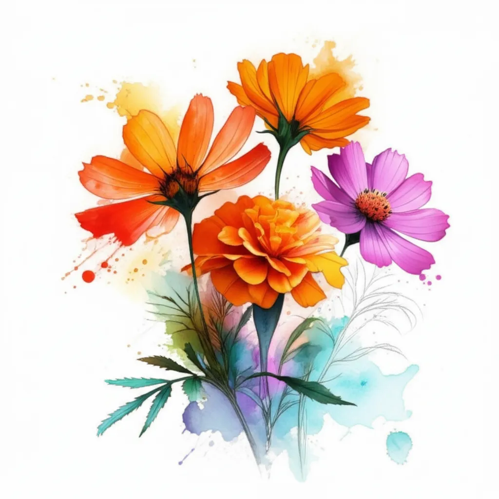 Watercolor Marigold and Cosmo Flowers Tattoo Design Watercolor Marigold and Cosmo Flowers Tattoo Design