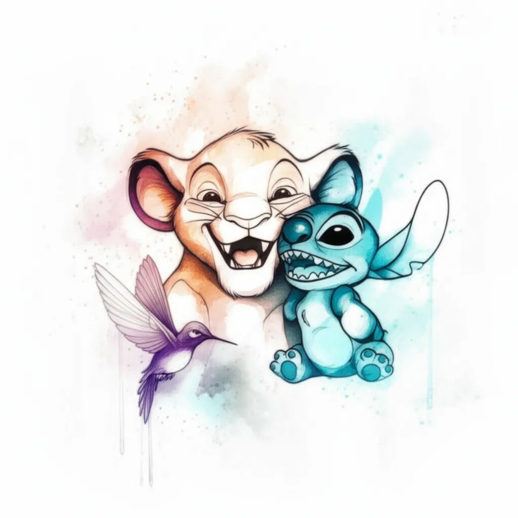 Simba, Stitch, Hummingbird Watercolor Tattoo Design