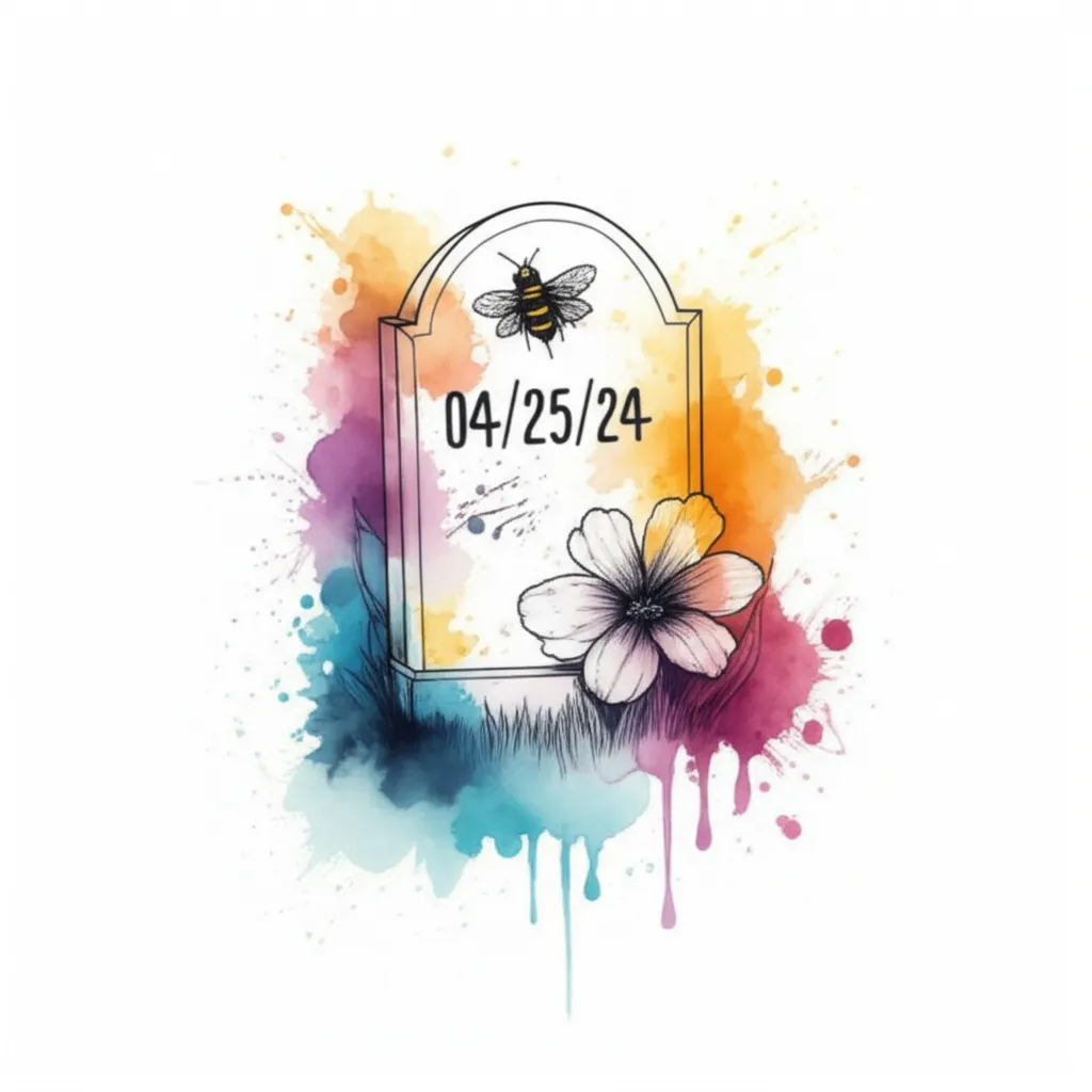 Watercolor Grave, Bee, and Flower Tattoo with Date 04/25/24