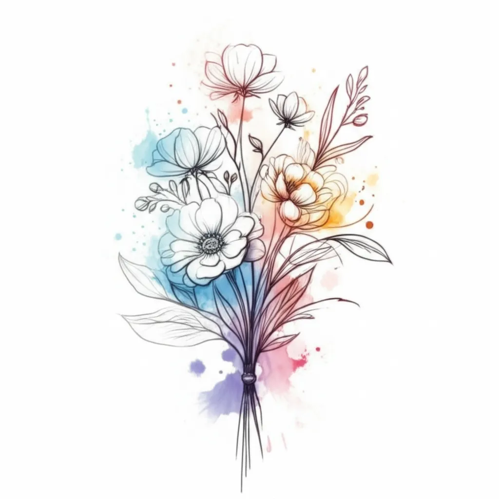 April and March Birth Flower Bouquet Fine Line Tattoo Design