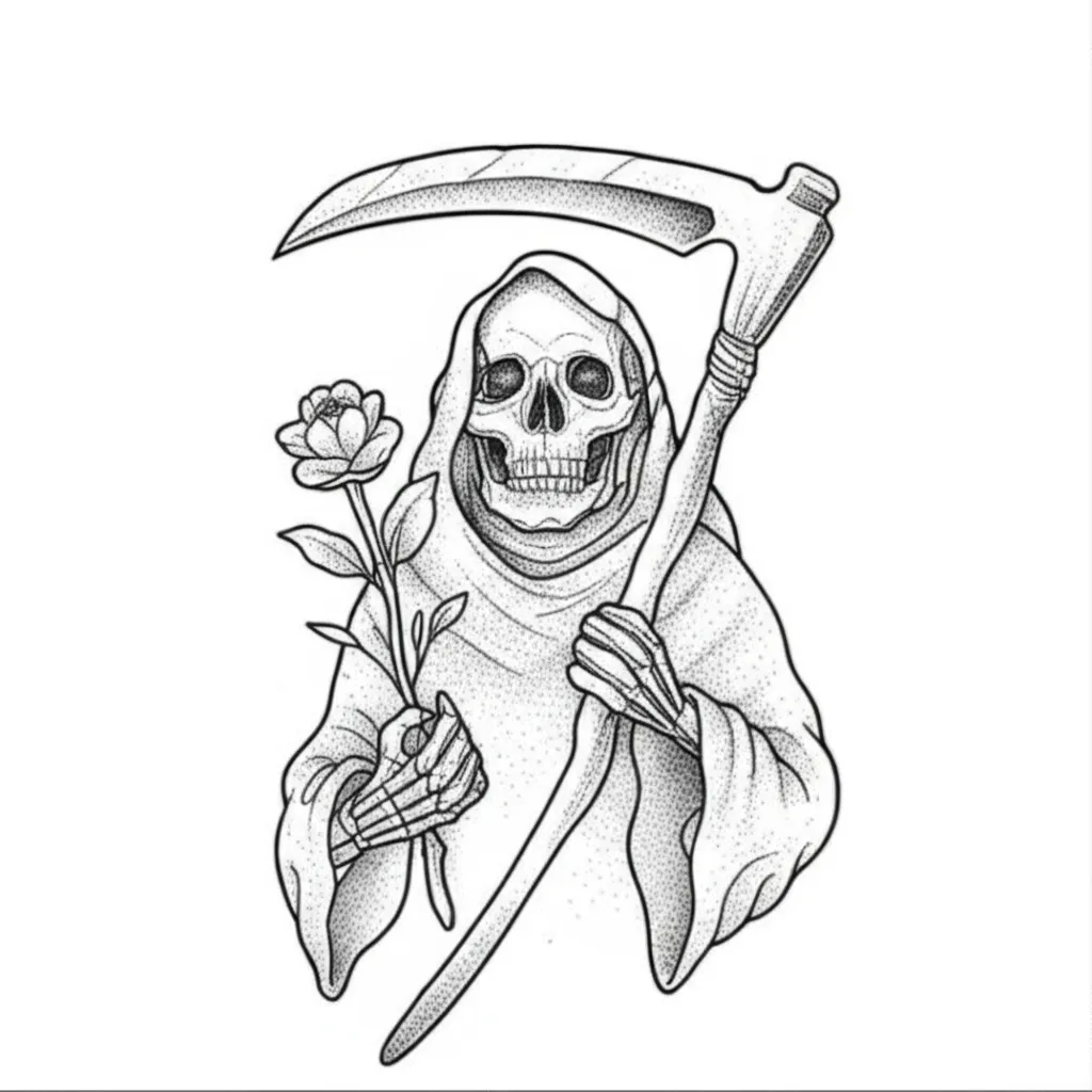 Fine Line Grim Reaper with Holden Flower Tattoo Design