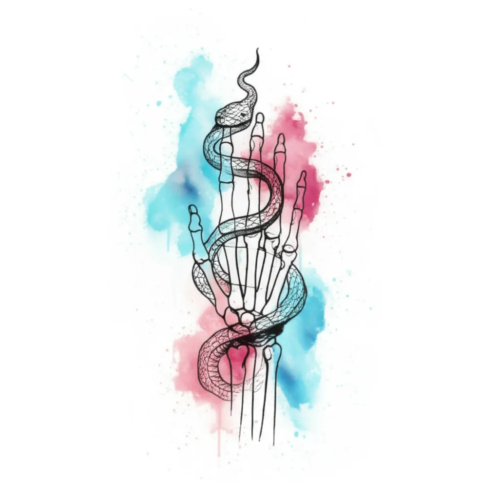 Watercolor Breast Tattoo: Skeleton Hand with Snake Design