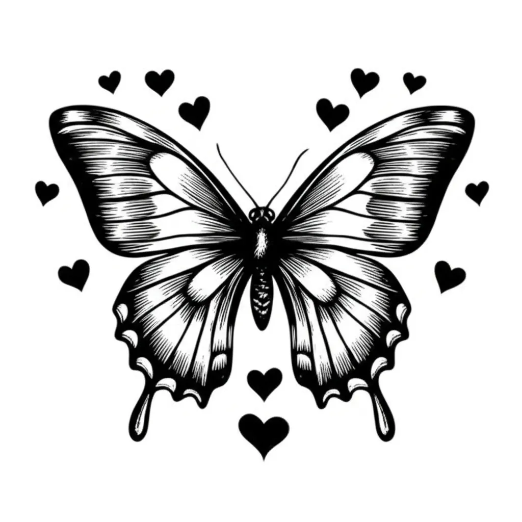 Journey Date Butterfly Heart Tattoo Design in Blackwork Style